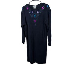 Plain Jane Vintage Black Beaded Sweater Dress Gemstone Embellished Midi Womens M